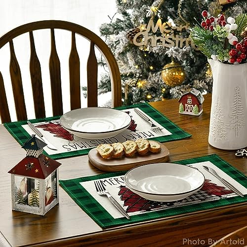 Artoid Mode Waterclor Green Buffalo Plaid Christmas Trees Placemats Set of 6 - Image 4