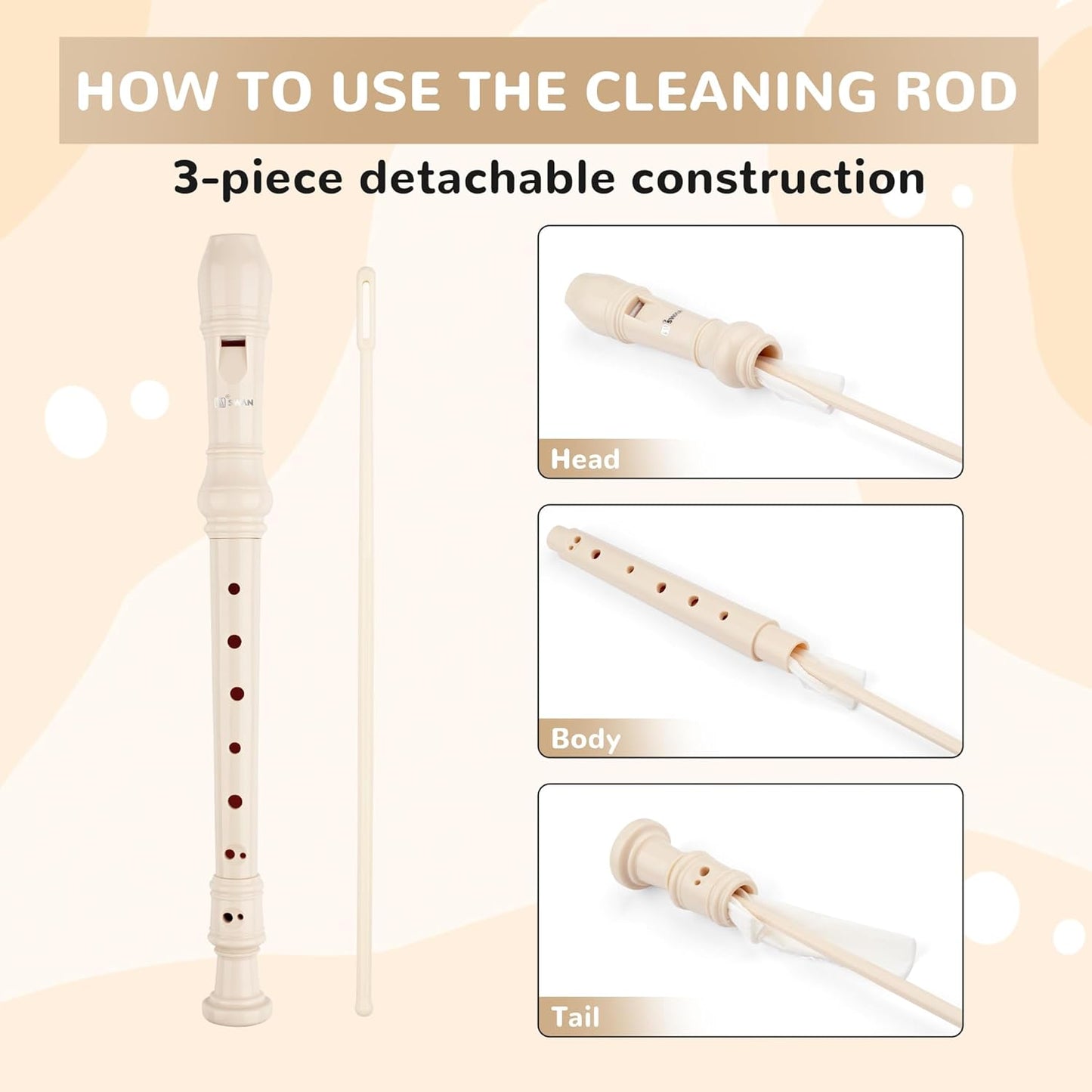 SWAN Soprano Recorder Instrument for Beginners Student - Baroque Style 8 Hole Flute Detachable 3pcs Descant Recorder with Cleaning Rod and Fingering Chart for Kids over 6 Years Old, Beige