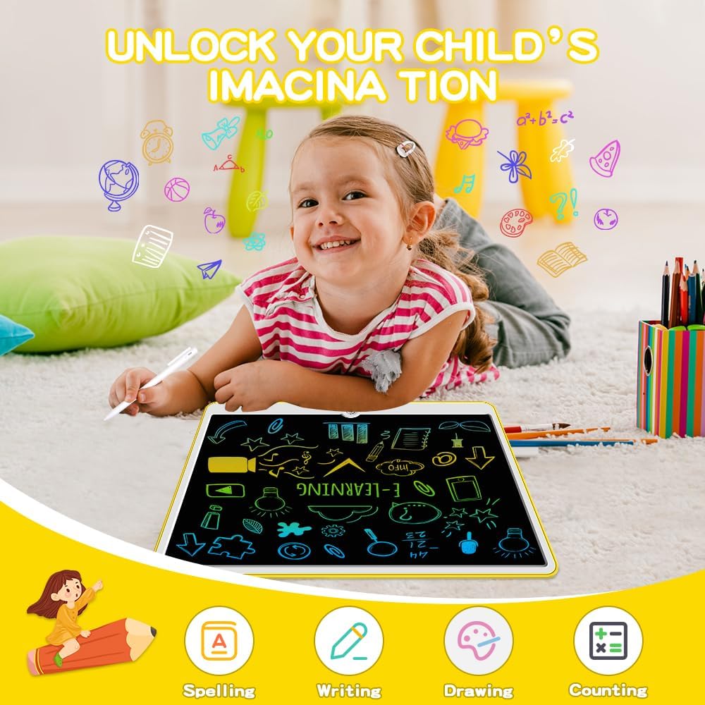 19 Inch LCD Writing Tablet with Stylus Pen, Reusable Doodle Board for Kids Ages 3-9, Type-C Rechargeable Drawing Pad, Educational Travel Toy for Boys and Girls Birthday & Holiday Gifts Yellow