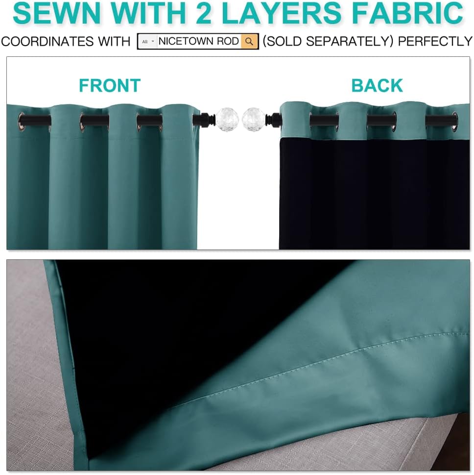 NICETOWN 100% Blackout Blinds, Laundry Room Decor Window Treatment Curtains, Thermal Insulated Energy Smart Drapes and Draperies for Villa, Hall and Studio, Sea Teal, Set of 2, 52 inches x 95 inches