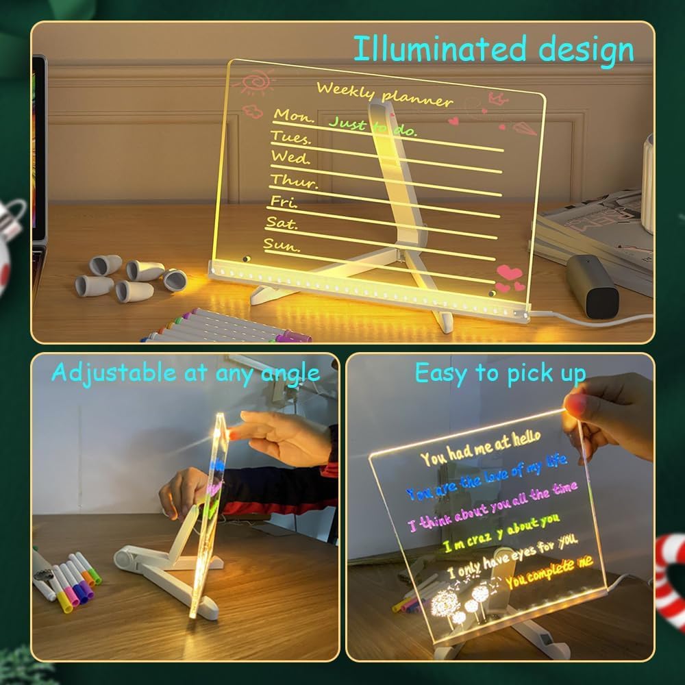 LED Note Board with Colors, LED Drawing Board for Kids, Lighted Acrylic Dry Erase Message Board, Illuminated Notepad with Adjustable Stand and 7 Pens (5.9‘ × 5.9’)