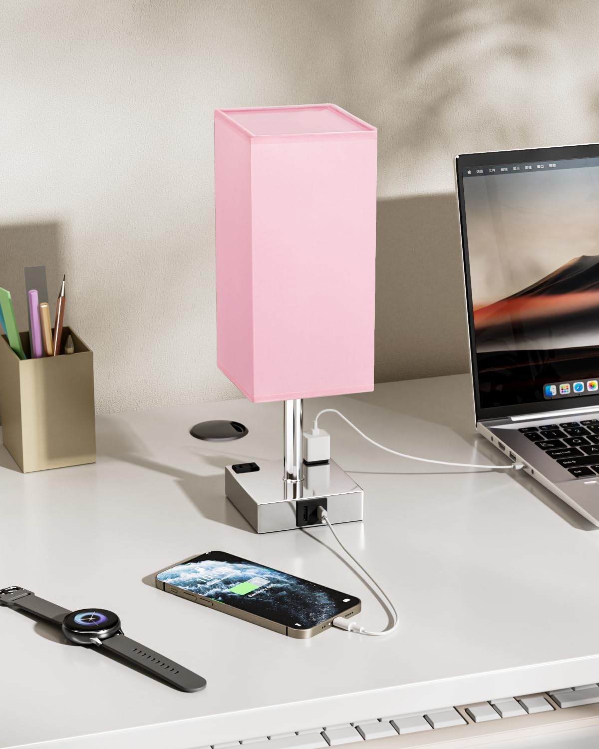 Touch Bedside Table Lamp for Nightstand - 3-Way Dimmable Night Lamp with USB A + Type C Charging Ports and Two AC Outlets, Small Desk Light with E26 LED Bulb for Bedroom Living Room Dorm Office, Pink