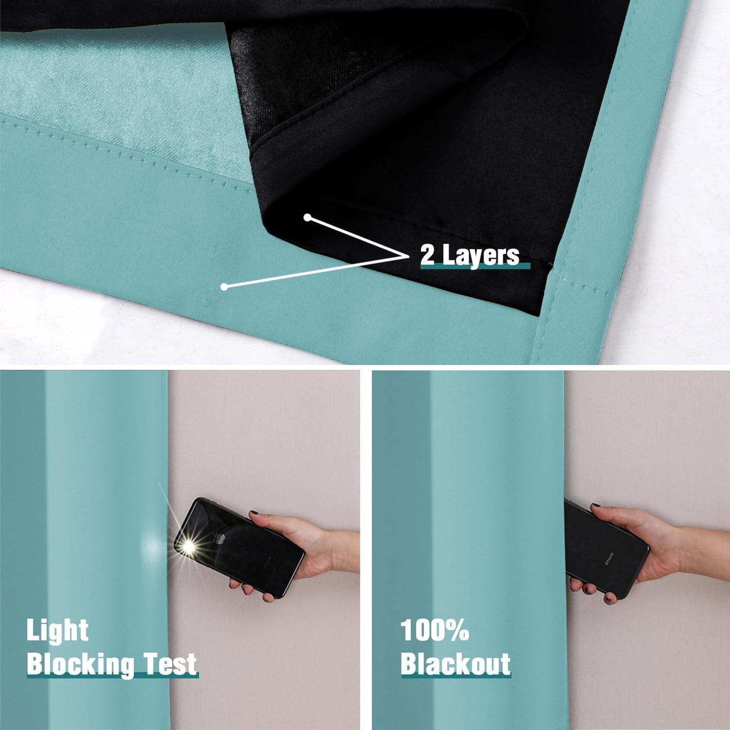 ChrisDowa 100% Blackout Curtains 72 inch Long for Bedroom with Black Liner, 2 Thick Layers Total Blackout Thermal Insulated Grommet Window Curtains 2 Panels Set (Aqua, 42 x 72 Inch)