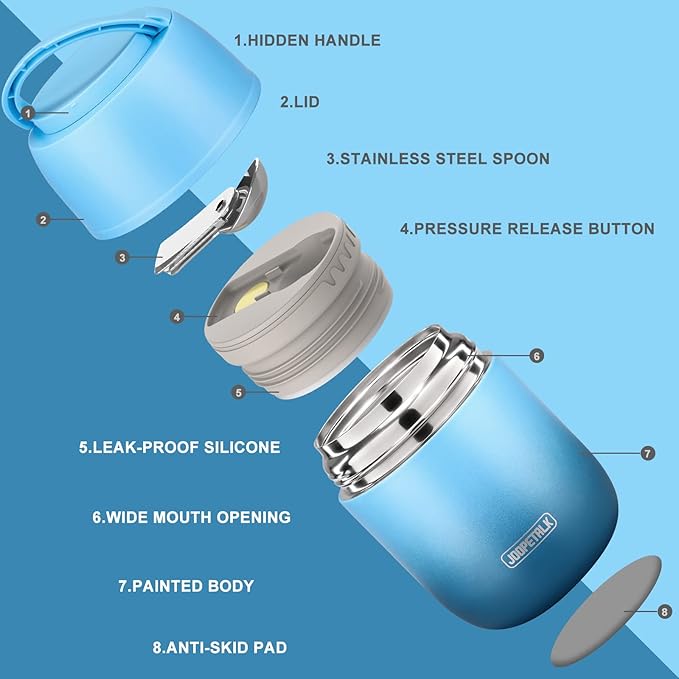 17 oz Insulated Lunch Containers, Hot Food Jar, Wide Mouth, Vacuum Stainless Steel Thermo Lunch Box with Handle and Folding Spoon, Blue