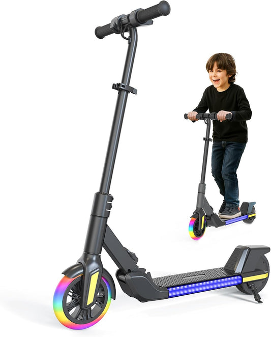 Electric Scooter for Kids Ages 6-12， Max Speed 6.5MPH, max Range 6Miles， with Acceleration Throttle and Electronic Brake， Foldable and Height Adjustable Kids Electric Scooter