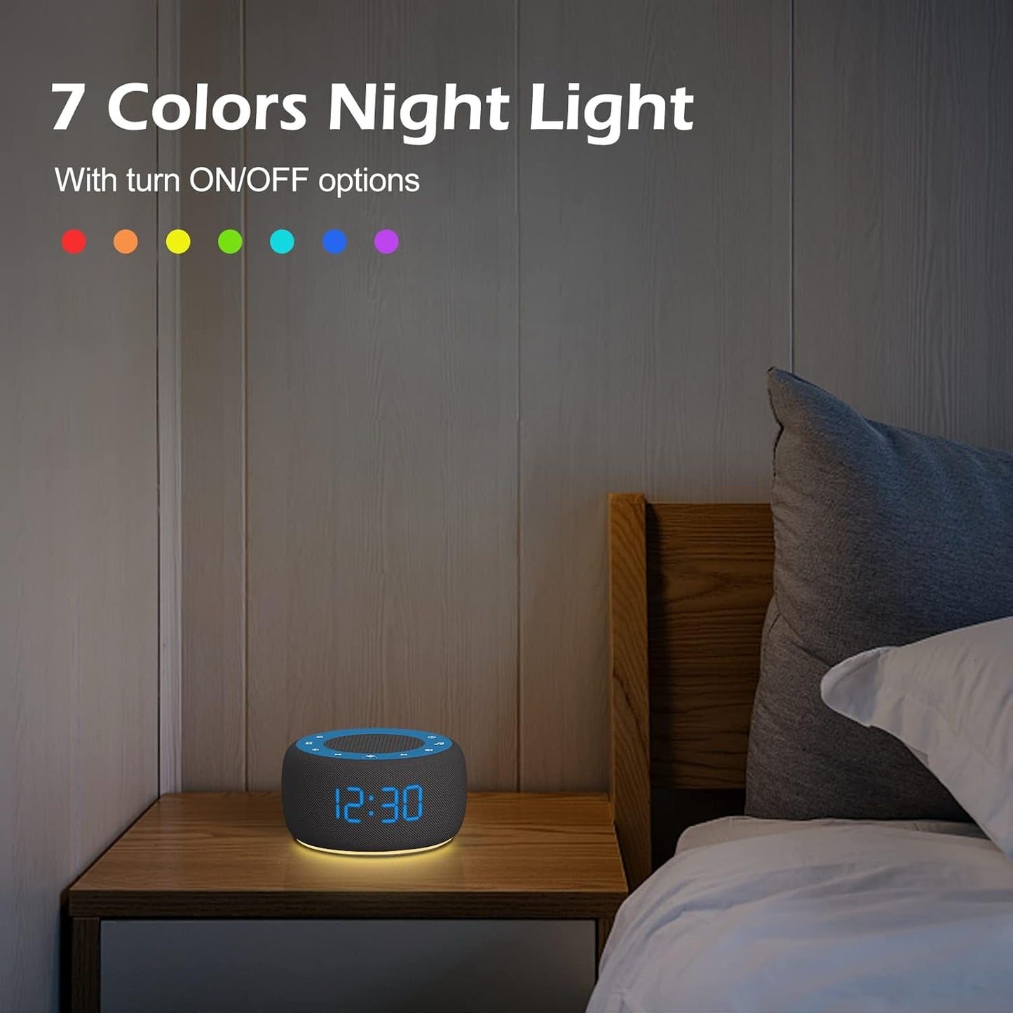 Buffbee Sound Machine & Alarm Clock 2-in-1, 0-100% Clock Face Brightness, Bottom Colored Light, Sleep Timer, Precise 30-Level Volume Control White Noise Machines