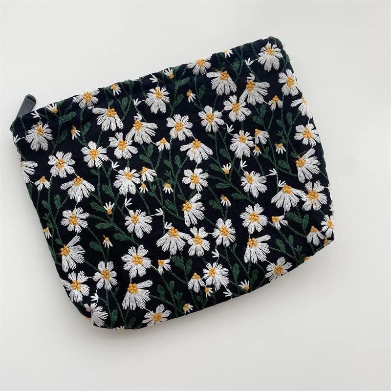 Flat Makeup Bag for Women, Zipper Cosmetic Pouch for Purse, Daisy Black - Image 6