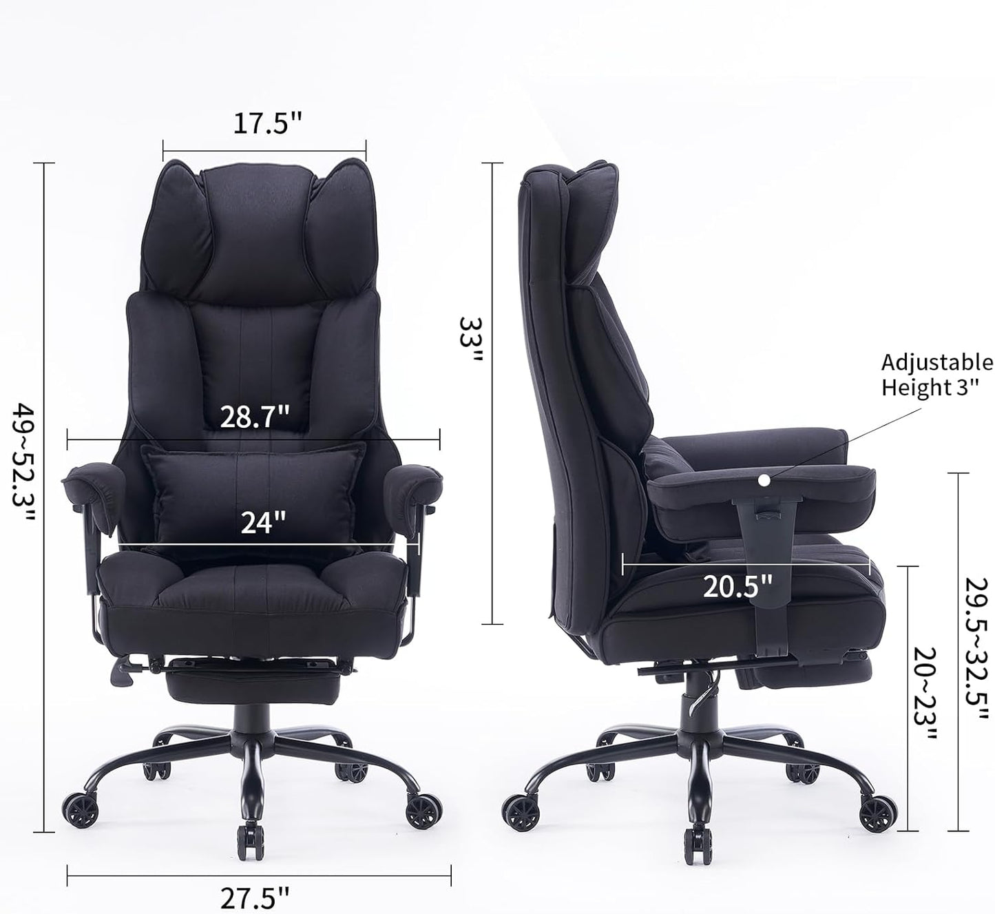 Efomao Big and Tall Office Chair 400 lb Weight Capacity, High Back Executive Office Chair with Foot Rest, Fabric Computer Chair for Back Pain Relief, Black