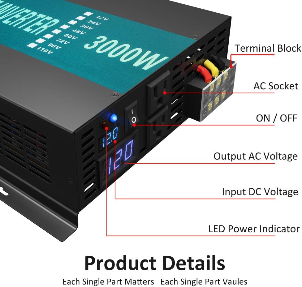 WZRELB RBP300012 3000W 12V 110~120V Pure Sine Wave Solar Power Inverter DC to AC System