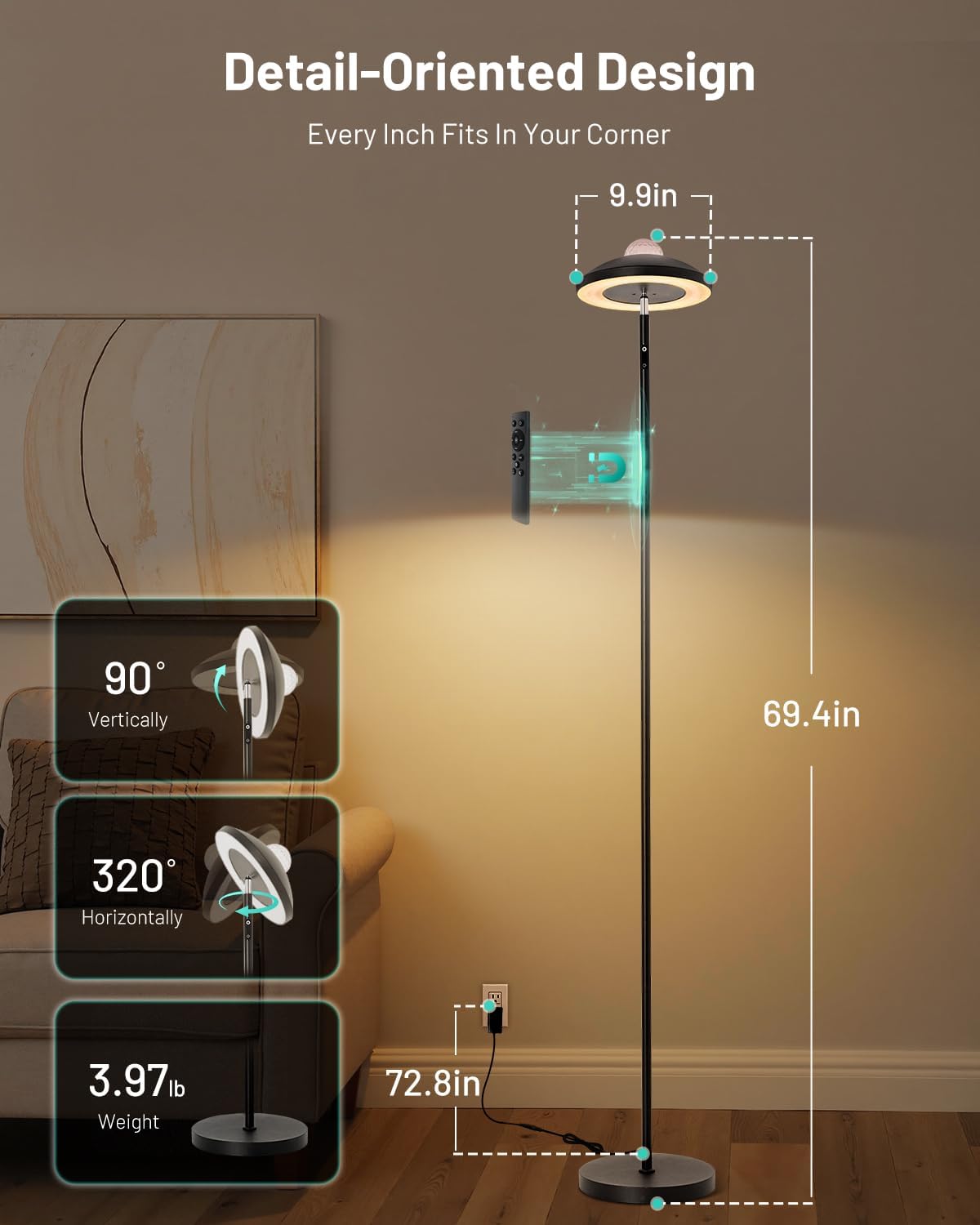 LED Floor Lamp with RGB Star Projector & Remote Control, Stepless Adjustable 3000-6000K Color, Dimmable 69" Tall Standing Lamp, 15W Black Modern Torchiere Corner Light for Living Room, Bedroom