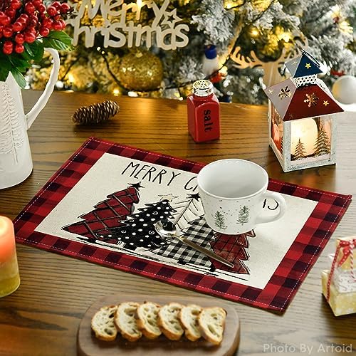 Artoid Mode Red and Black Buffalo Plaid Christmas Trees Placemats Set of 8 - Image 3