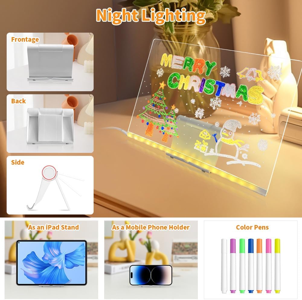 LED Note Board with Colors, 7 Colors Acrylic Message Board with Light, LED Drawing Board Gifts for Kids, Dry Erase Board with Adjustable Stand for Office School Home Decor (7.87 * 7.87 in)