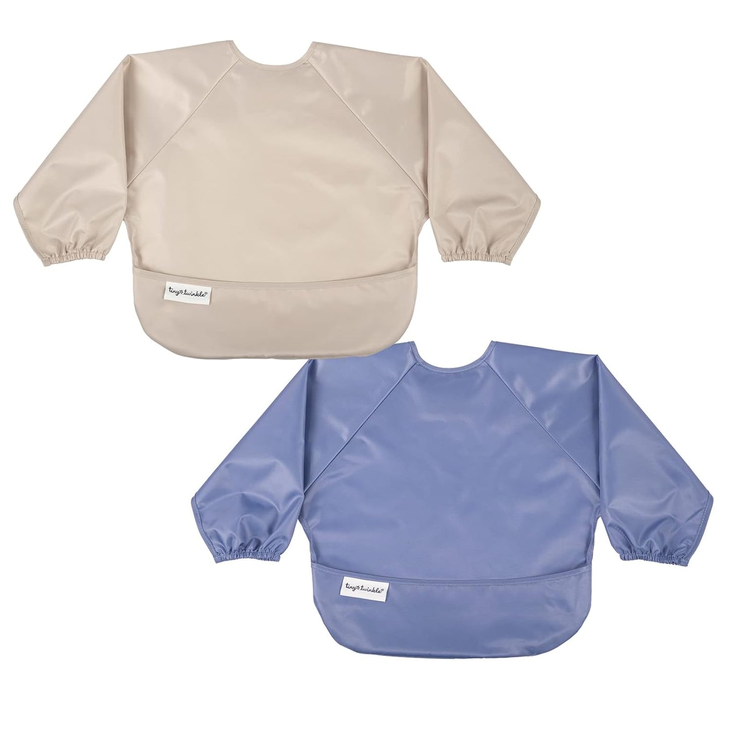 Tiny Twinkle Mess Proof Baby Bibs, 2pk Waterproof Smock Baby Bibs for Eating, Machine Washable Long Sleeve Bibs, Baby Led Weaning, Toddler Bibs, BLW Supplies (Periwinkle Putty, Large 2-4 Years)