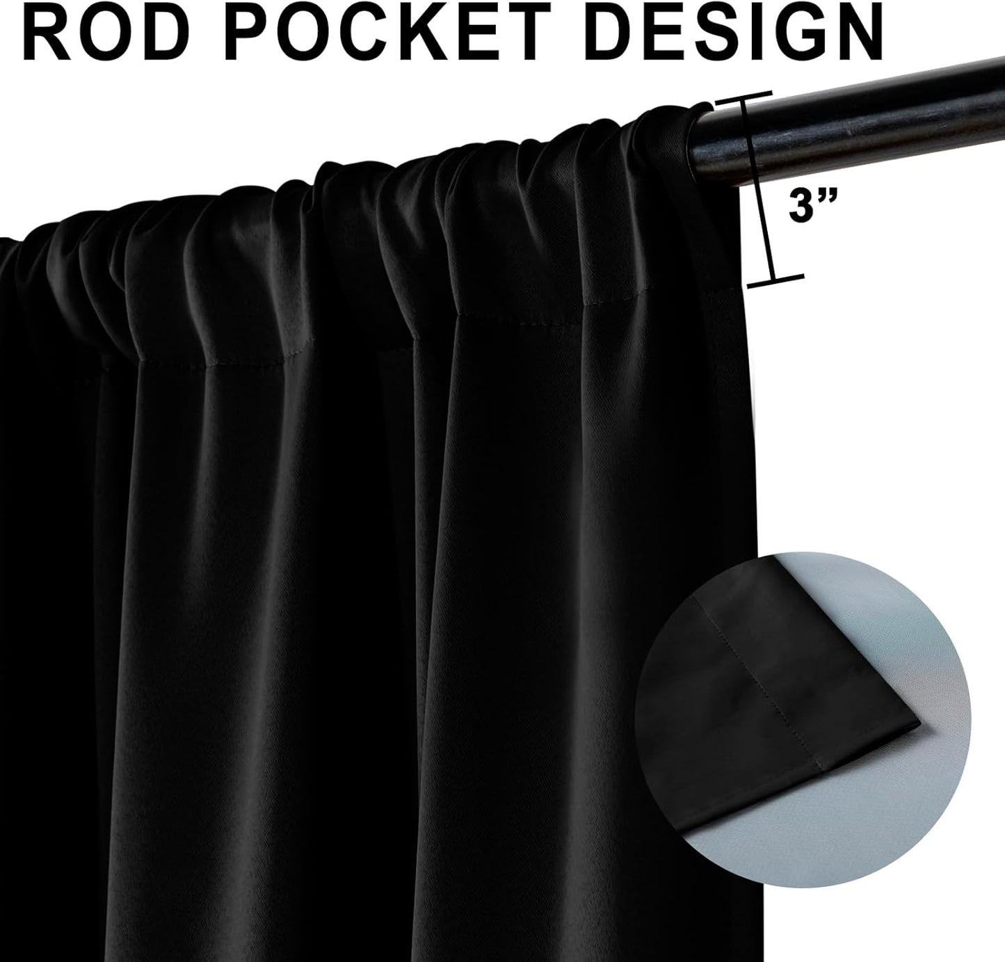 XWZO 100% Blackout Curtains with Tiebacks- Rod Pocket Heat and Full Light Blocking Window Panels & Thermal Insulated Draperies for Wide Large Window, Black, W60 x L84, Set of 2