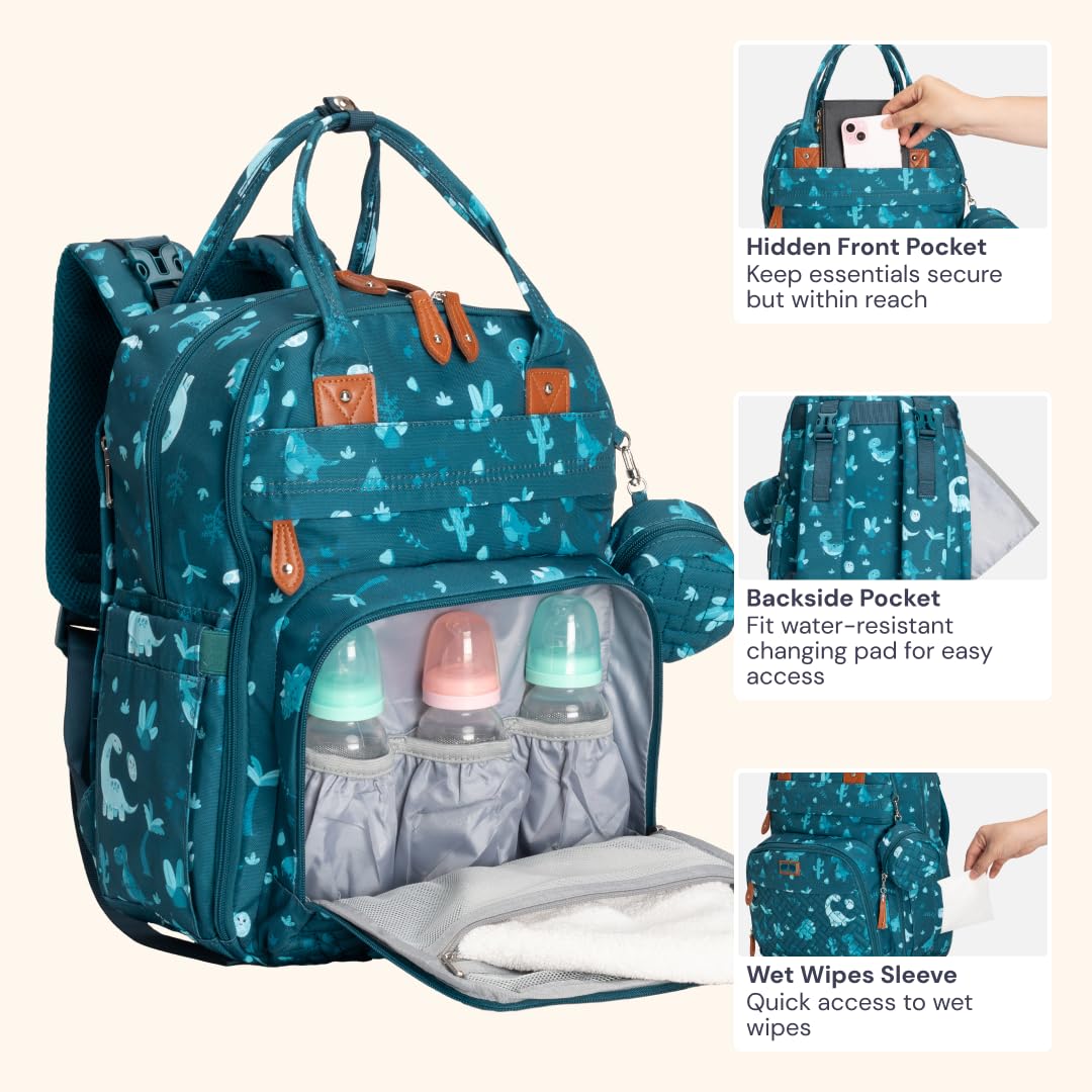 BabbleRoo Diaper Bag Backpack - Baby Essentials, Travel Essentials Baby Bag with Changing Pad, Stroller Straps & Pacifier Case - Unisex, Dino