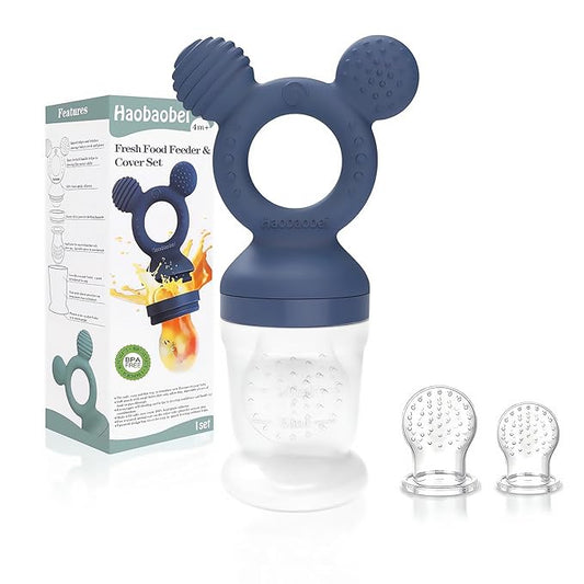 Baby Fruit Feeder, Frozen Teething Toys, Infants Teether Pacifier with 3 Extra Teats, Toddler Eating Essentials, BPA Free Feeding Supplies (Steel Blue)