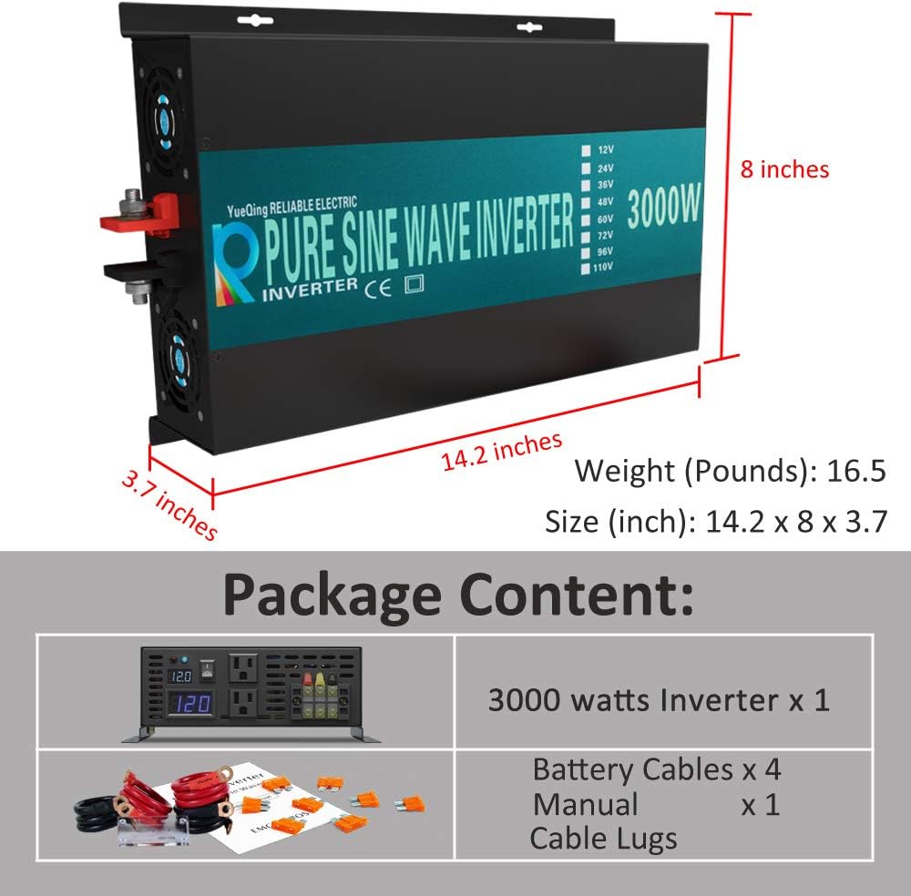 WZRELB RBP300012 3000W 12V 110~120V Pure Sine Wave Solar Power Inverter DC to AC System