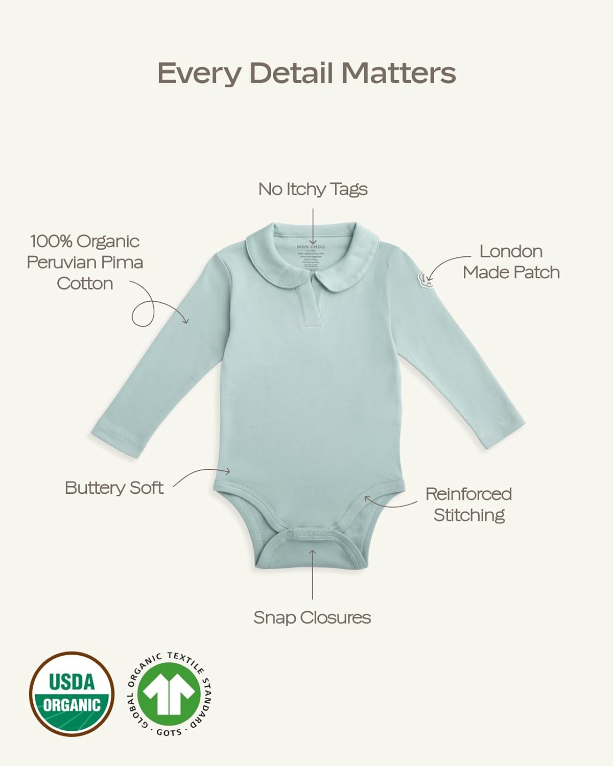 MON CHOU Premium Long Sleeve Bodysuit - Luxuriously Soft, 100% Pima Cotton Baby Bodysuit with Collar - Organic Cotton Baby Clothes (Ivory, 6-9 Months)