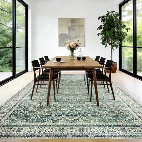 9 x 12 Rug Washable Floral Vintage Navy Green Large Rugs - Image 5