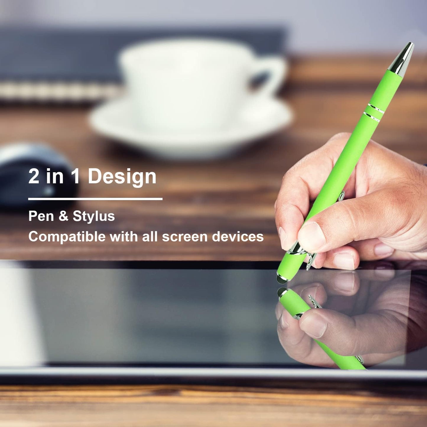 Ballpoint Pen with Stylus Tip, Soft Touch Click Metal Pen, 1.0mm Medium Point, Black Ink, 12 Count(Light Green)