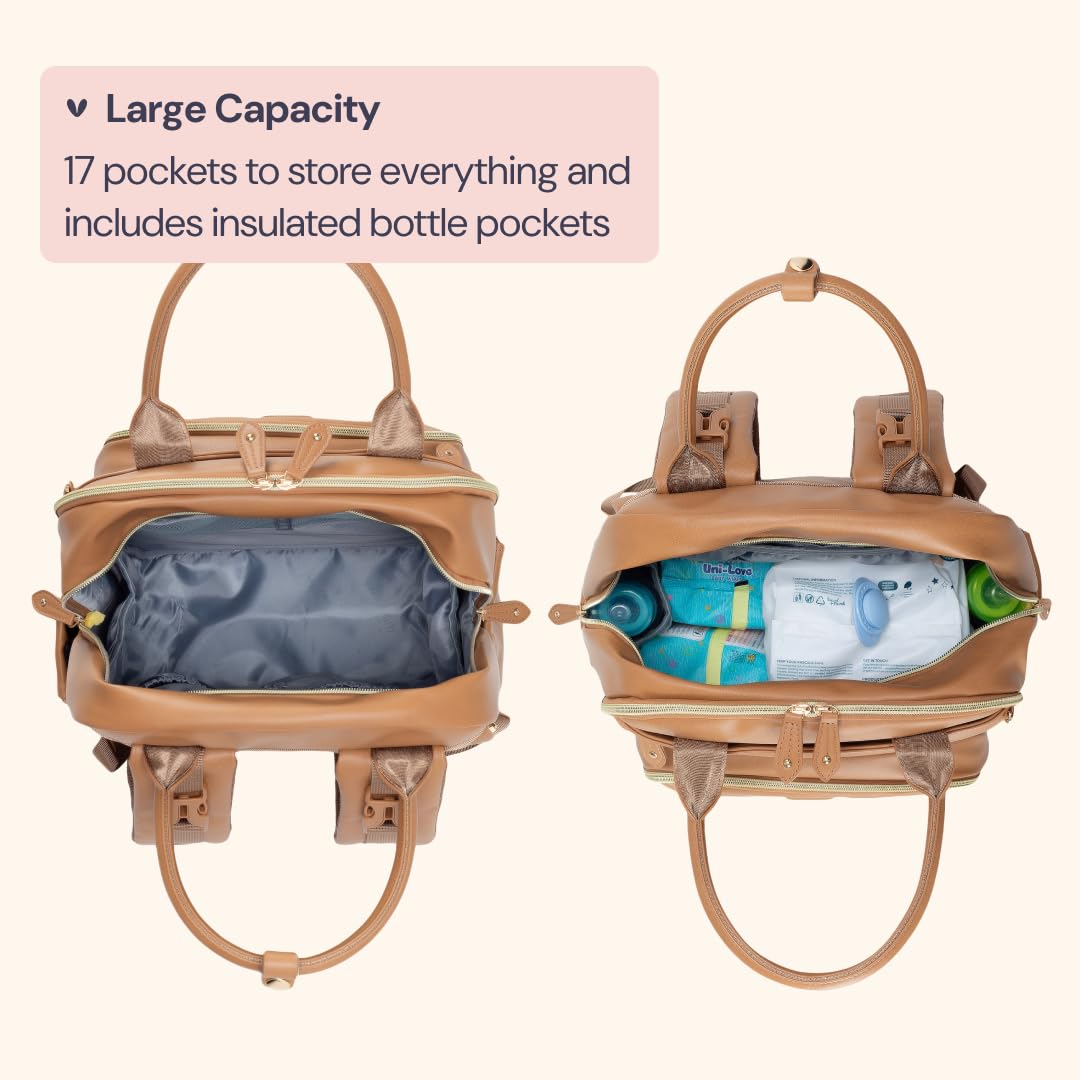 BabbleRoo Leather Diaper Bag Backpack - Baby Essentials Travel Baby Bag, Multi function, Waterproof, with Changing Pad, Stroller Straps & Pacifier Case – Unisex, Light Brown