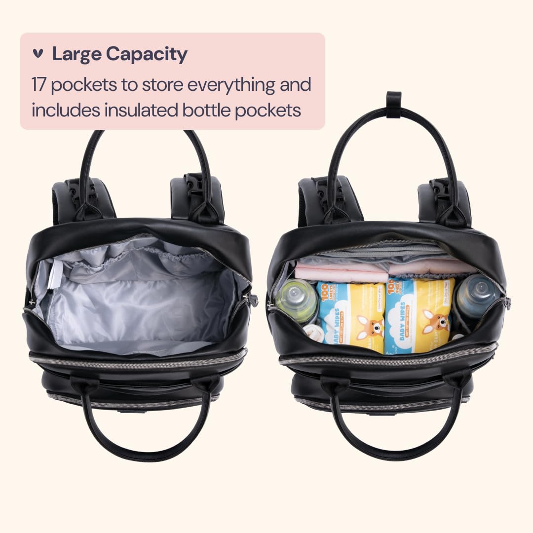 BabbleRoo Leather Diaper Bag Backpack - Baby Essentials Travel Baby Bag, Multi function, with Changing Pad, Stroller Straps & Pacifier Case – Unisex, Black