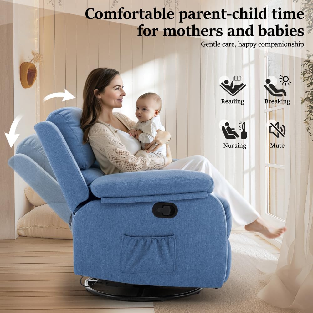 Recliner Chair, 360 Swivel Rocker Chair for Adults, Small Rocking Recliner Chair for Small Spaces, Upholstered Fabric Glider Recliner Nursery Chair with Side Pockets for Living Room, Nursery