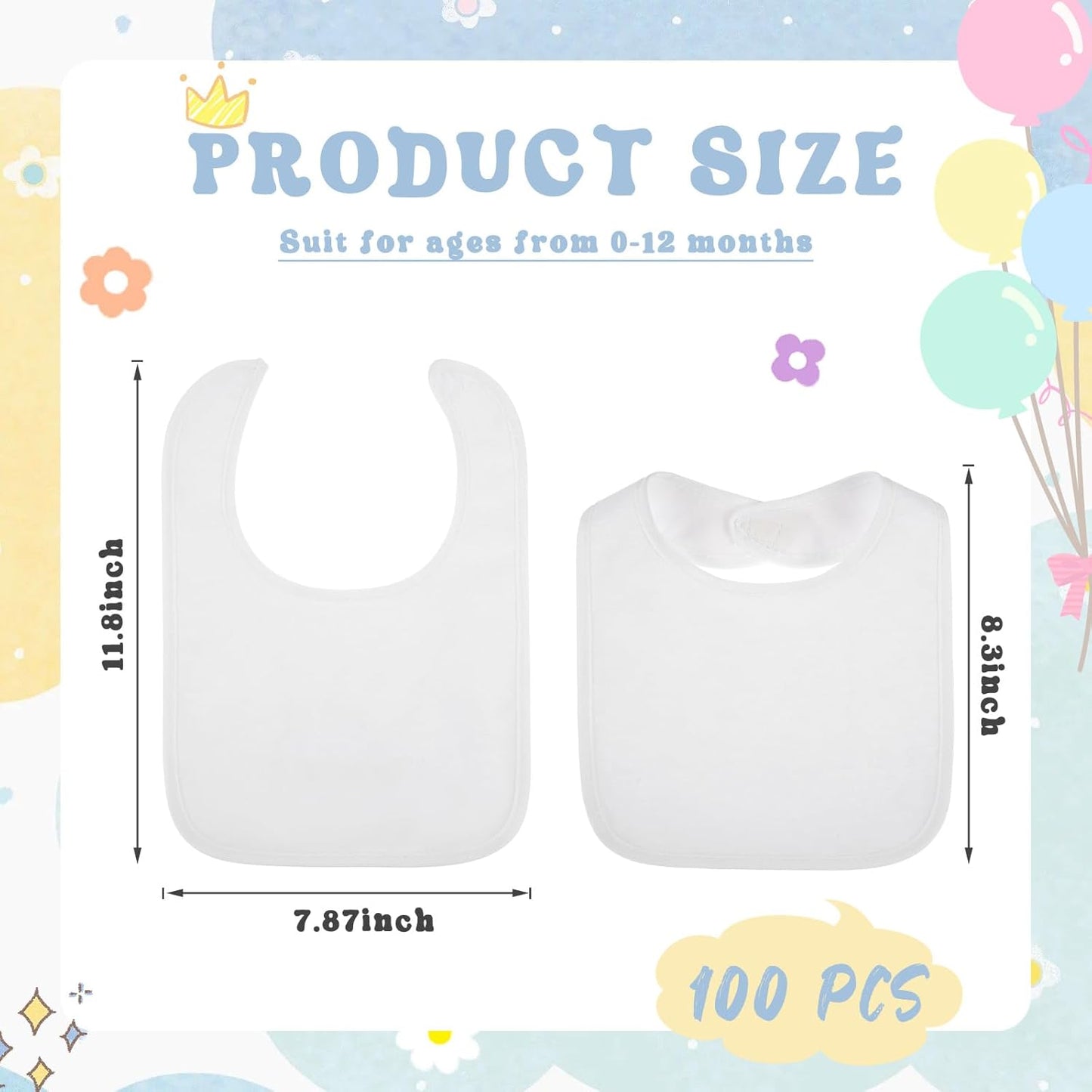 Toulite 50 Pcs White Bibs for Baby Washable Reusable Waterproof Cotton Feeder Bibs with Double Sided Design
