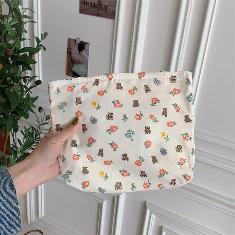 Flat Makeup Bag for Women, Zipper Cosmetic Pouch for Purse, Flower Bear White - Image 6