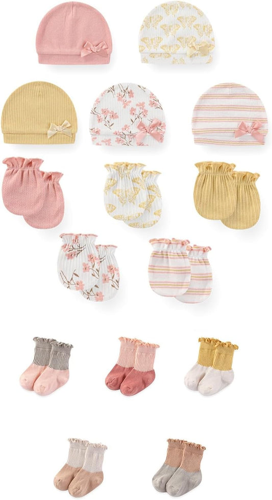 15 Pack Unisex New Born Boy Girls No Scratch Mittens Sets Cotton Soft Baby Gloves Hats socks Accessory 0-6 Months