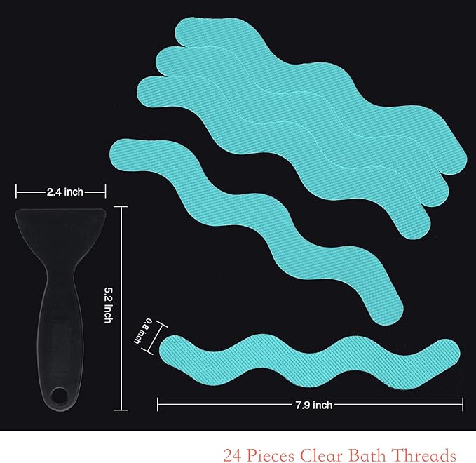 Patented Anti Slip Shower Stickers 24 PCS Safety Bathtub Strips Adhesive Decals with Premium Scraper for Bath Tub Shower Stairs Ladders Boats (Blue)