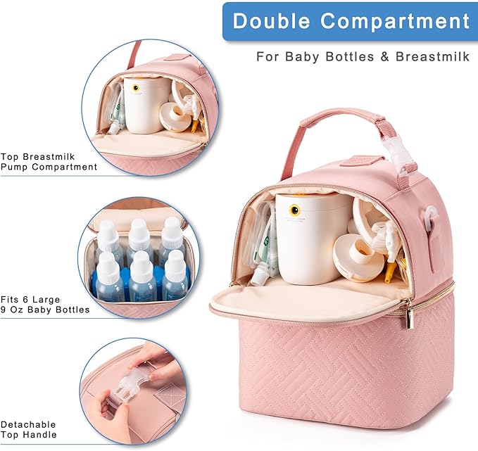Breastmilk Cooler Bag with Ice Pack & Mat Fit 6 Bottles Up to 9 Ounce, Baby Bottle Cooler Bag for Moms, Daycare & Travel, Black