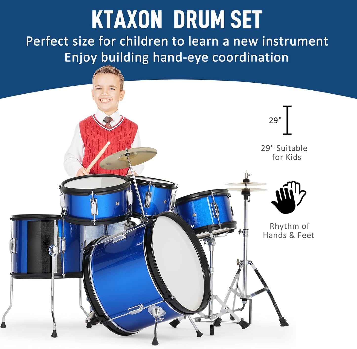 Ktaxon 5-Piece Complete Junior Drums Set, 16 Inch Beginners Drum Kit with Throne Stool, Pedal & Drumsticks, Kids Drums Musical Instruments W/Cymbal, Hi-Hat, Floor, Tom and Snare Drum (Dark Blue)