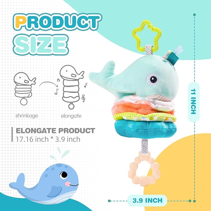 Jollybaby Baby Musical Pull String Hanging Toy for Stroller Car Seat Crib Play Gym, Plush Stuffed Whale Toy for Carseat with Music Teether Crinkle Paper, Sensory Toy for 0-6-12-18 Months Baby Gift