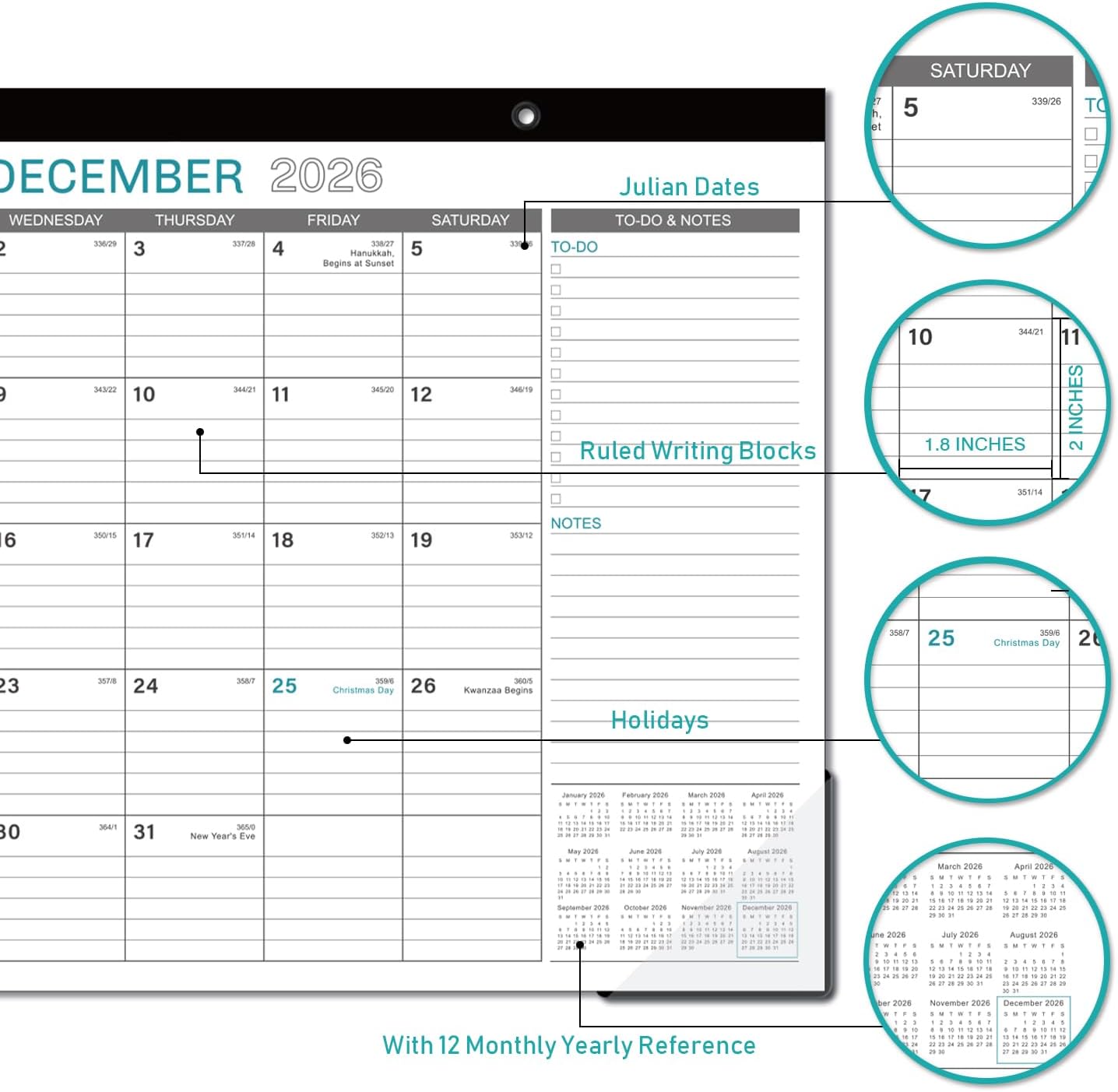 2025-2026 Desk Calendar - JUL 2025 - DEC 2026, 18 Months Large Monthly Desk Calendar, 17" x 12", Large Ruled Blocks