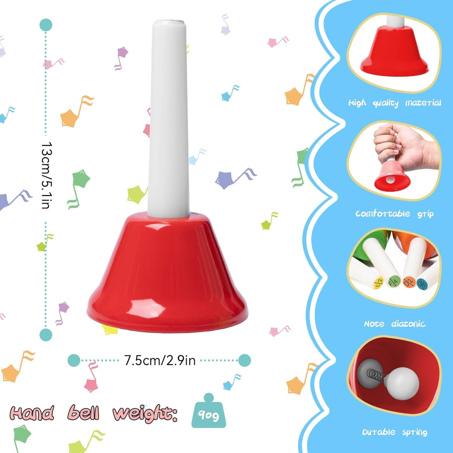 Hand Bells, 8 Note Musical Handbells Set with 17 Songbook Musical Toy Percussion Instrument for Toddlers Children Kids for Children's Day Family Activity School and Church (Upgraded Edition)