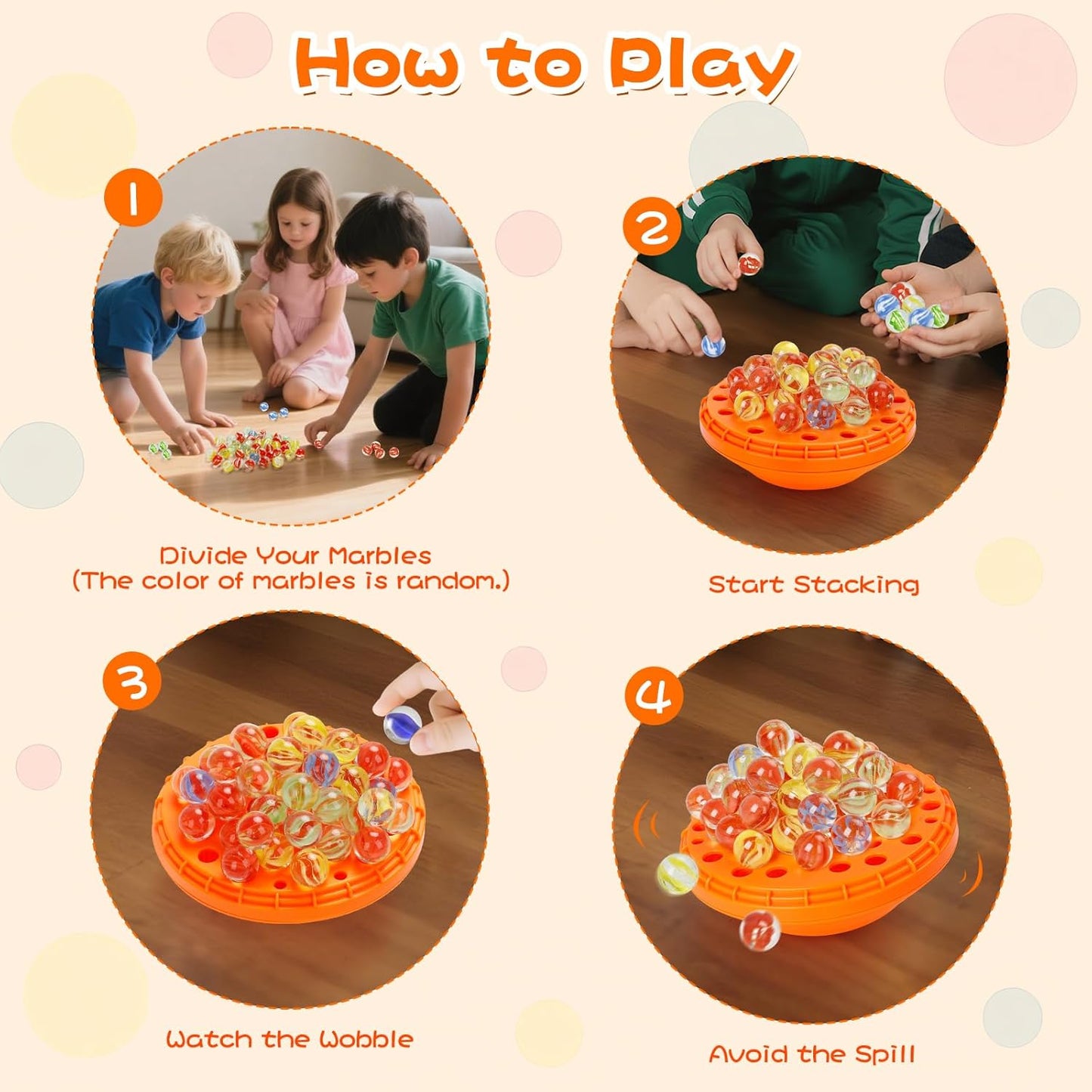 Marble Balance Game - 50 Colorful Marbles with Built-in Storage, Fun Family Challenge for 1-4 Players, Educational Toy for Kids & Adults, Perfect for Parties, Travel & Birthday Gifts (Pumpkin Orange)