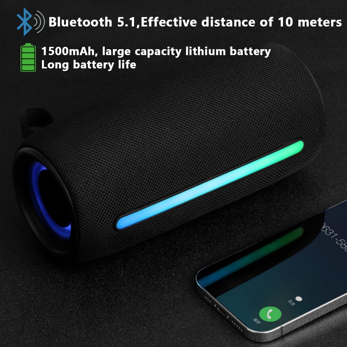 Wireless Portable Bluetooth Speaker: IPX6 Waterproof Outdoor Audio,fm Radio,USB/AUX/SD Card Play,LEDlights,TWS interconnected Stereo,Travel/Camping/Bike/Family/Party（Black）