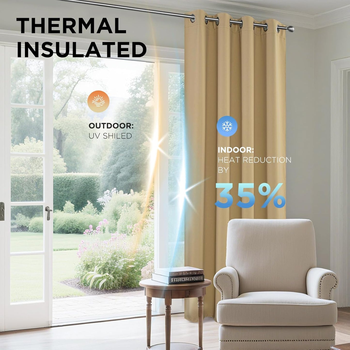 Joydeco Blackout Curtains 108 Inches Long 1 Panel, Thermal Insulated Long Curtains& Drapes 1 Piece, Room Darkening Grommet Drapes for Living Room Bedroom Window (W70 x L108 Inch, Beige)