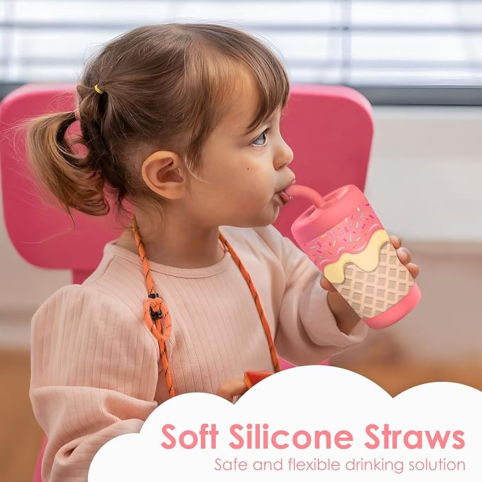 Kid Insulated Stainless Steel Tumbler with Silicone Straw, 12oz Sippy Cup for Kids (Sweet Ice Cream)