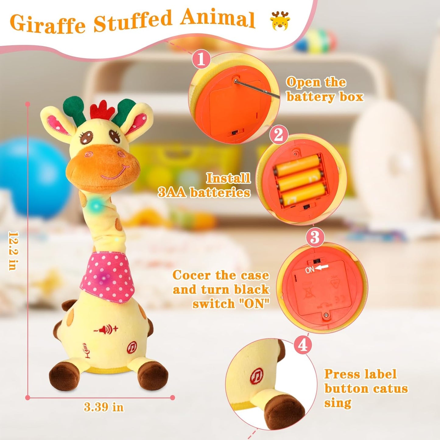 Dancing Talking Giraffe Toy, Stuffed Animal Baby Toy Repeating What You Say, Glowing Musical Giraffe with 10 Children's Songs Gifts for Toddlers 1-3 Years Old