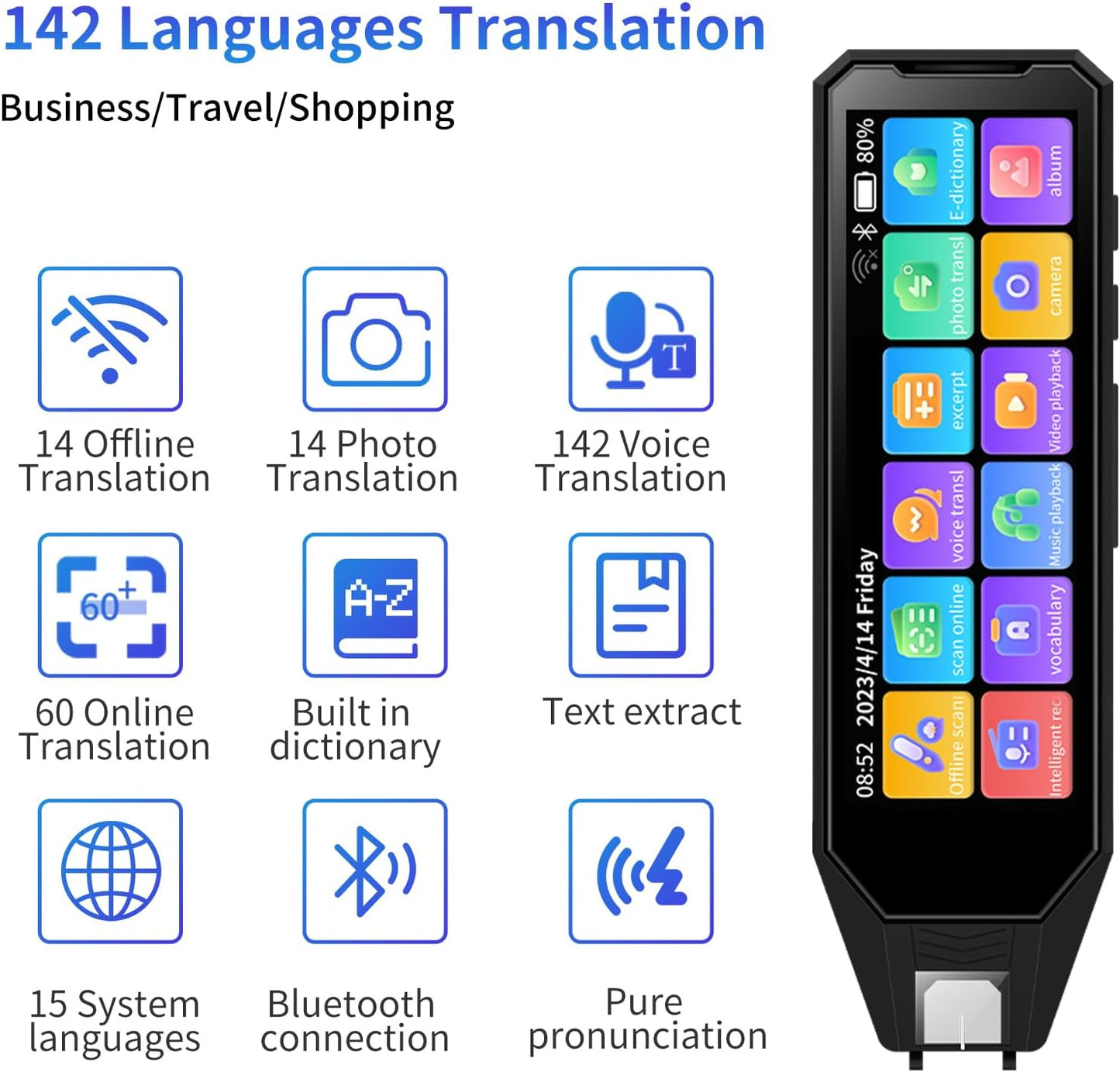 Reading Language Translation Pen Translator Scanner,142-Languges Real time Two-Way Traductor Device, 4.58 Inches Screen, HD Sound, Long Battery Life, for Students Adults (Black)