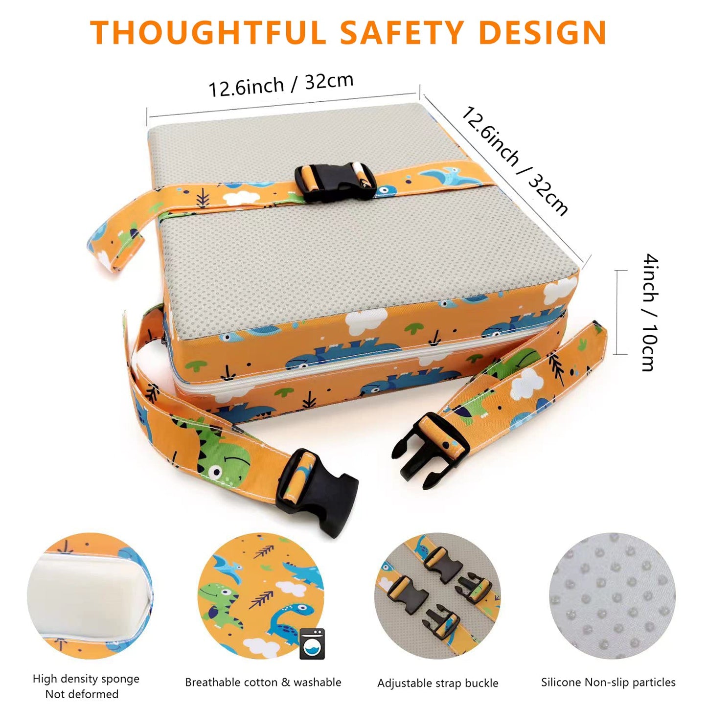 Toddler Booster Seat for Dining Table - 4in Cushion, Portable Booster for Baby, Adjustable Kids Chair Height, Washable Seat Pad Mat