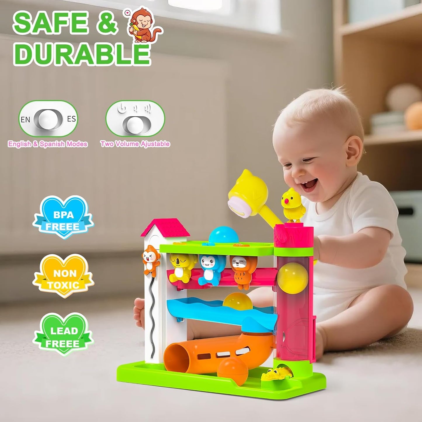 Musical Toy for 1-2 Year Old Boys,Educational Baby Toys 12-18 Months,Ball Drop Toy with English & Spanish,Fine Motor Toys for Toddlers 1-3,Birthday Gift for 1+ Year Old Boy (Green)