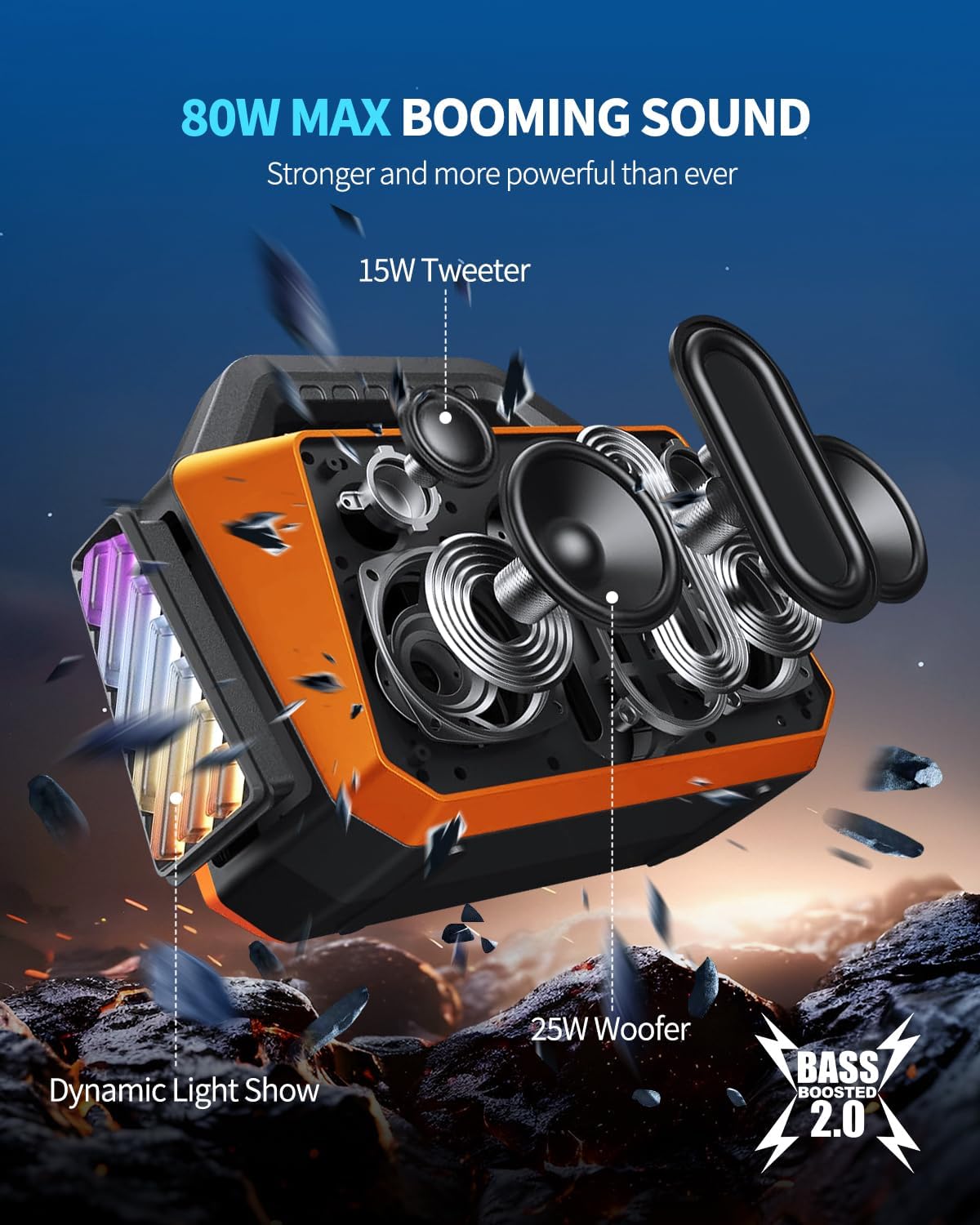 Portable Bluetooth Speaker Wireless - Loud Speakers 80W Peak, 20H Playtime, Light Show, TWS, Deep Bass, BT 5.3, IPX6 Waterproof for Outdoor Travel Camping Beach Pool - Orange