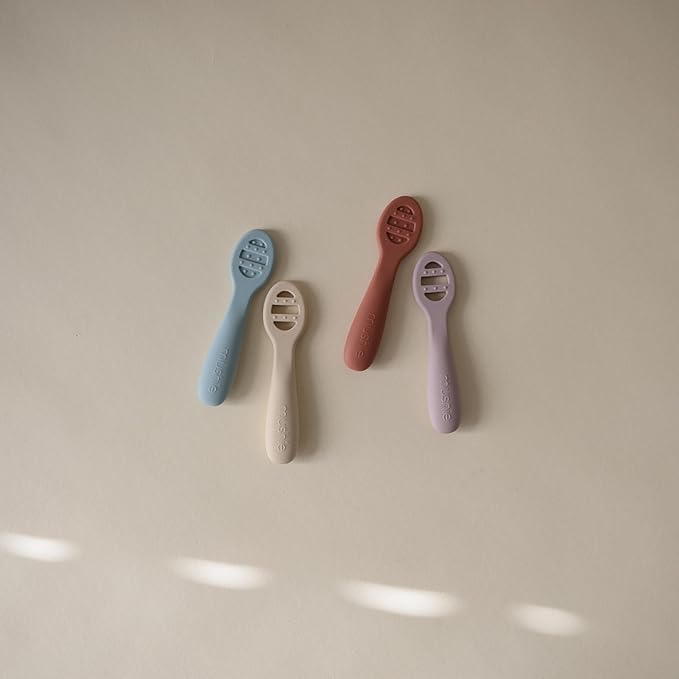 mushie Silicone First Feeding Baby Spoons | 2 Pack (Powder Blue/Shifting Sand)