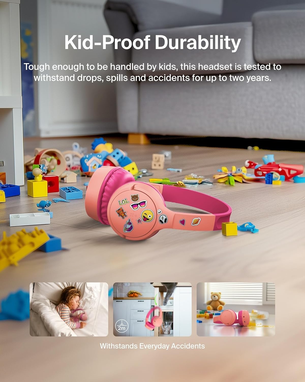 Belkin SoundForm Mini w/Case - Wireless Bluetooth Kids Headphones with 30H Battery Life, 85dB Safe Volume Limit, Built-in Microphone - Kids On-Ear Earphones for iPhone, iPad, & More - Pink