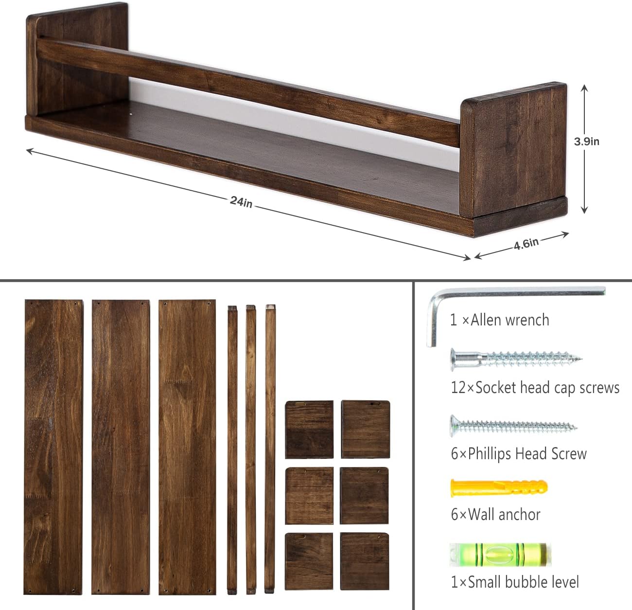 AZSKY Nursery Book Shelves 24 in Set of 3 Walnut Floating Bookshelf for Kids Room Wall Mounted Floating Shelves Solid Nursery Bookshelf Perfect Decor for Kitchen Bedroom Living Room