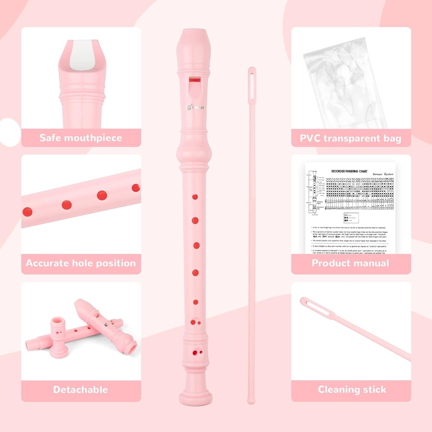 SWAN Soprano Recorder Instrument for Beginners Kids Student - German Fingering 8 Hole Flute Detachable 3pcs ABS Descant Recorders with Cleaning Rod and Fingering Chart, SW8K, Baby Pink