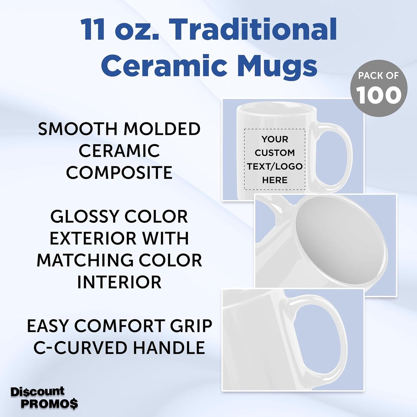 Custom Ceramic Coffee Mugs 11 oz. Set of 100, Personalized Bulk Pack - Coffee cup set, Iced coffee cup, Gaming mug - White